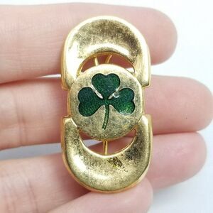 Vintage Green Enamel Shamrock Three Leaf Clover Gold Tone Brooch, Estate